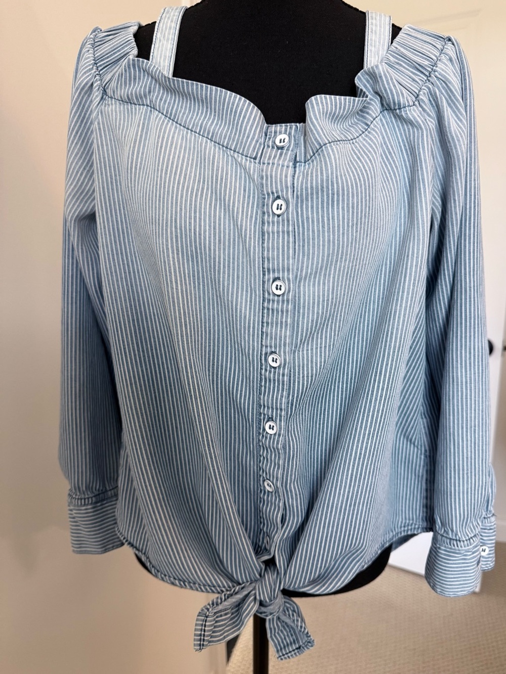 Tribal Light Blue & White Striped Button-Down Top